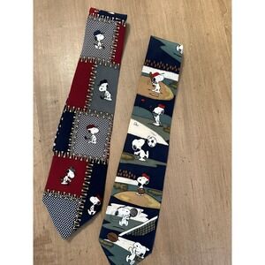 LOT of 2 Vintage Peanuts Snoopy 100% Silk Neckties Made in USA Golf Baseball Tie